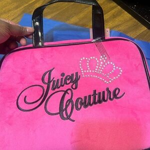 (SOLD)Juicy Couture Pink Plush Cosmetic case with Black Handles and hang hook
